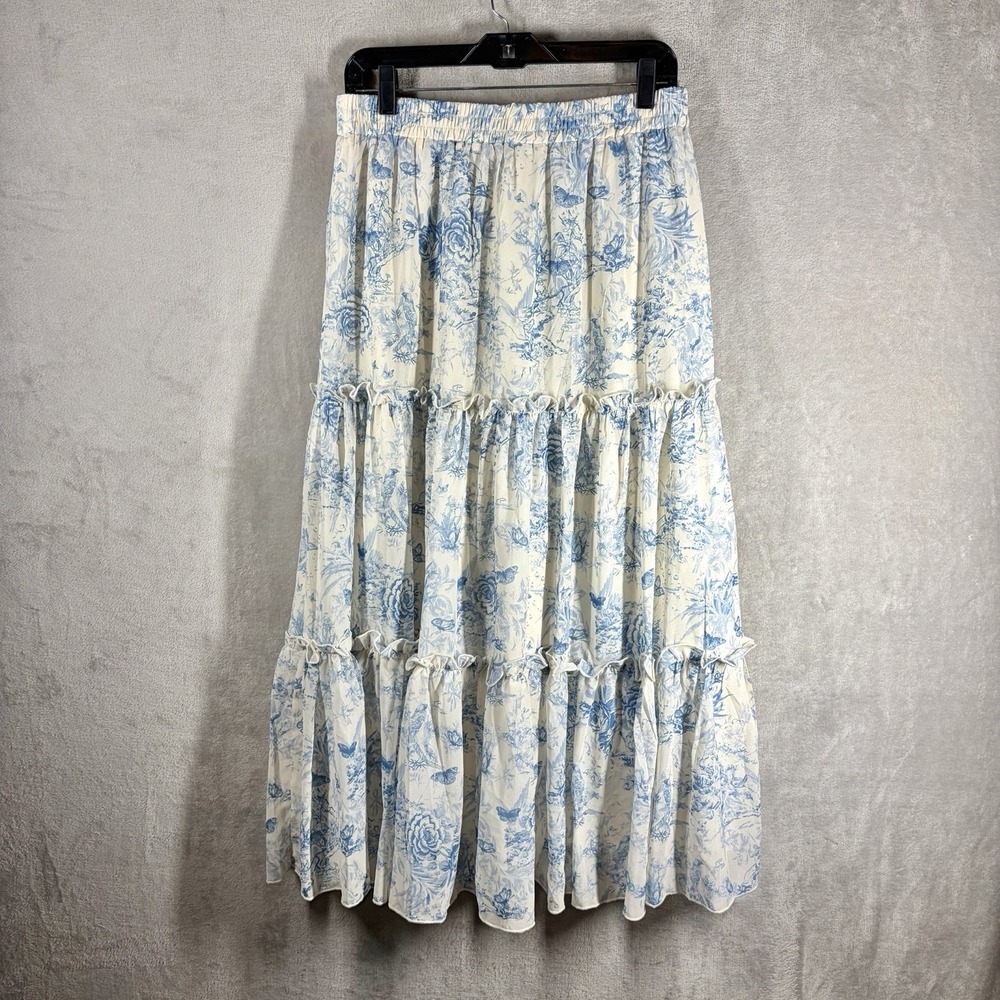 Cider Floral Tiered Midi Skirt Size L Blue Roses Floral Cottage Butterfly